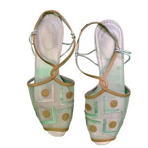 Petra Vintage 90s Gold Silver Leather Geometric Print Mesh Peep Toe Heel…